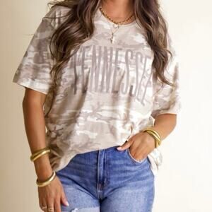 NEW Tennessee State Camo Graphic Tee Neutral Beige Cotton Casual Oversized Small